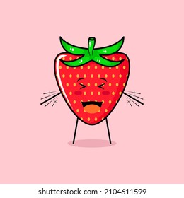 cute red apple character with smile and happy expression, close eyes, mouth open and both hands shaking. green and red. suitable for emoticon, logo, mascot and icon
