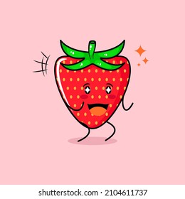 cute red apple character with smile and happy expression, two hands clenched and sparkling eyes. green and red. suitable for emoticon, logo, mascot and icon