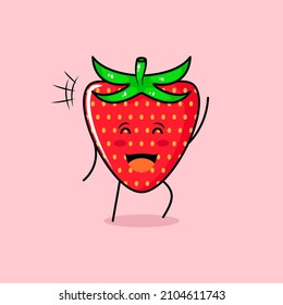 cute red apple character with smile and happy expression, close eyes and one hand up. green and red. suitable for emoticon, logo, mascot and icon