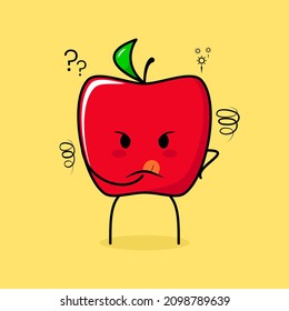 cute red apple character with thinking expression and hand placed on chin. green and red. suitable for emoticon, logo, mascot
