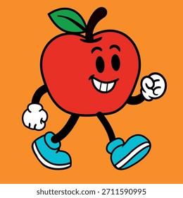 Cute red apple character walking with a happy smile, vector illustration.