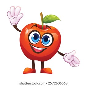 Cute red apple character waving happily. Vector cartoon illustration