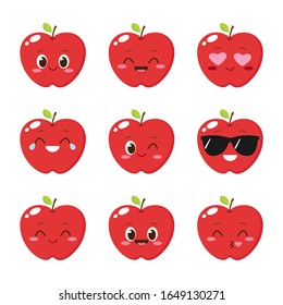 Cute red apple emoticon set. Funny fruit emoji collection. Happy cartoon apple. Healthy vegetarian food character