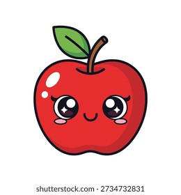 Cute red apple with face and green leaf cartoon apple