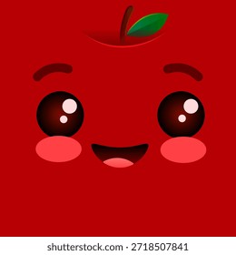 Cute Red Apple Fruit Character Face Square Background Illustration