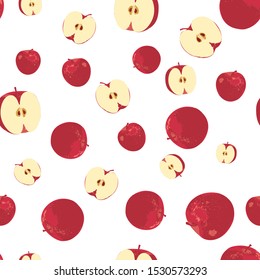 cute red apple fruit and slice on white background seamless pattern