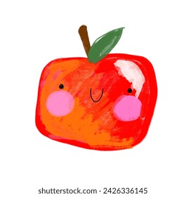 Cute Red Apple with Green Leaf. Kawaii Style Vector Illustration with Happy Apple on a White Background. Funny Fruit Print Perfect for Wall Art, Card, Poster. Lovely Nursery Art. RGB Colors. No text.