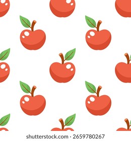 Cute red Apple with green leaf seamless pattern. Vector hand drawn cartoon texture. Apple in cartoon style. Isolated on white background. flat design