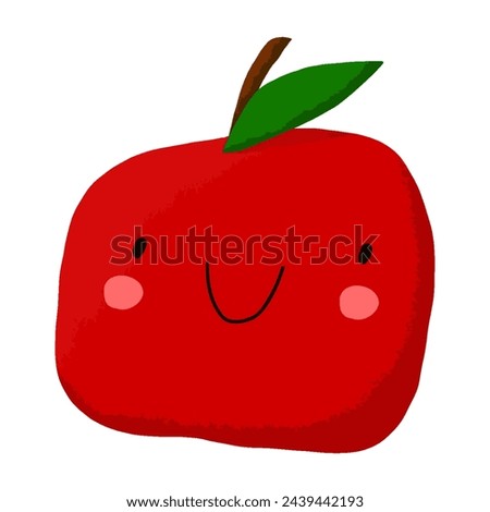 Cute Red Apple with Green Leaf. Kawaii Style Vector Illustration with Happy Apple on a White Background. Funny Fruit Print Perfect for Wall Art, Card, Poster. Lovely Nursery Art. RGB Colors. No text.