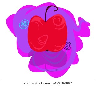 A cute red apple on a romantic, adorable background. This cartoon funky illustration can be used as a logotype for creative companies, fruit and juice stores. Vector, isolated.