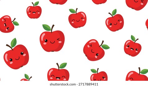 Lindo patrón de manzana roja con caras sonrientes felices y pequeñas hojas verdes que crean un fondo de frutas juguetón y saludable para los diseños de los niños.