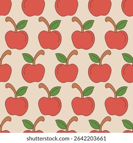 Cute red apple seamless pattern with green leaves and brown stems on a soft beige background. Cozy, minimal, and seasonal style