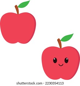 Cute red apple set with and without kawaii eyes. Flat design vector illustration of red apple on white background.