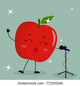 Cute Red Apple Smiley in a cartoon style sings into the microphone. Flat design, vector illustration.