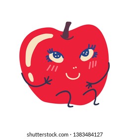 Cute Red Apple with Smiling Face, Sweet Adorable Funny Fruit Cartoon Character Vector Illustration