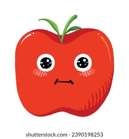 Cute red apple with sparkly eyes. Simple flat minimalist cartoon art styled drawing. Very adorable food illustration mascot isolated on white square background.