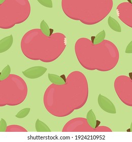 cute red apples on a green background with green grass, vector seamless pattern in flat style