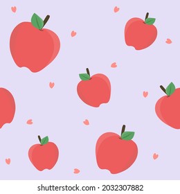 Cute red apples and pink hearts seamless pattern on purple background