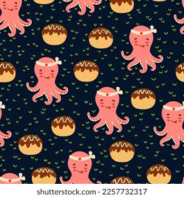 Cute red asian octopus and Takoyaki balls asian food vector seamless pattern. Japanese snack texture.