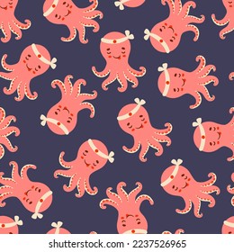 Cute red asian octopus vector seamless pattern. Japanese snack texture.