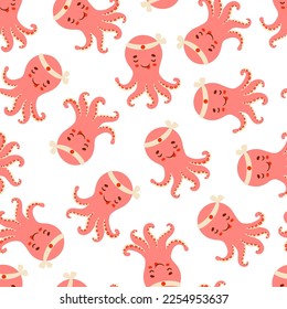 Cute red asian octopus vector seamless pattern. Japanese snack texture.