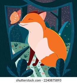 Cute red baby fox playing with a butterfly in a forest at night. Colorful handdrwan illustration of beautiful animals. Vector.