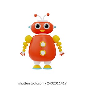 Estilo 3D del juguete del bebé robot rojo lindo, ilustración vectorial aislada en fondo blanco. Elemento de diseño decorativo, juguete infantil divertido, personaje sonriente de pie