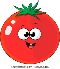 Cute red baby tomato, with green leaves and a smile, cartoon style, vector illustration isolated on white background