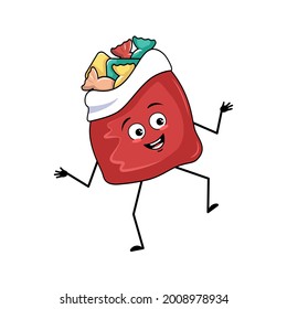 Cute red bag character with New Year gifts with happy emotions, dancing, smile face, arms and legs. Merry Christmas item, joyful sweet food, box with eyes