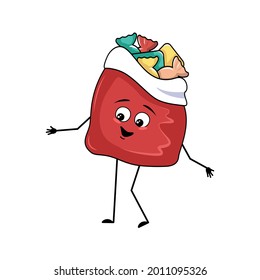 Cute red bag character with New Year gifts with happy emotions, smile face, arms and legs. Merry Christmas item, joyful sweet food, box with eyes