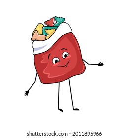 El personaje de la bolsa roja con regalos de Año Nuevo con emociones felices, cara de sonrisa, brazos y piernas. Feliz Navidad, alegre comida dulce, caja con ojos