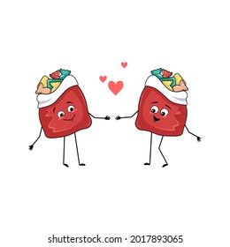 Cute red bag character with New Year gifts with love emotions, smile face, arms and legs. Merry Christmas item, joyful sweet food, box fall in love with hearts