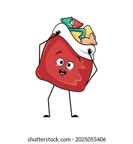 Cute red bag character with New Year gifts with emotions in a panic grabs his head, surprised face, shocked eyes, arms and legs. Merry Christmas item, joyful sweet food, box with scared expression