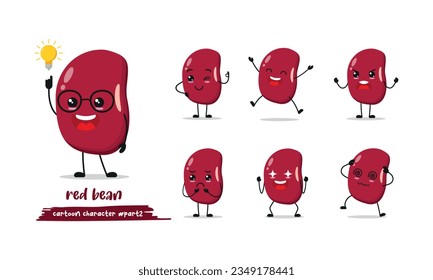 Caricatura de frijol rojo con muchas expresiones. diseño plano de ilustración vectorial de actividad de frijol diferente. libro de historias de judías rojas inteligentes para niños.