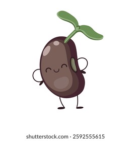 Cute red bean mascot with green sprout in flat style