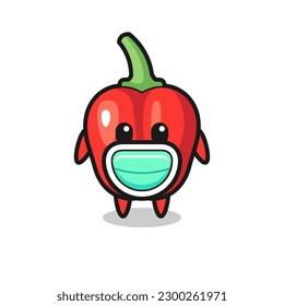 cute red bell pepper cartoon wearing a mask , cute style design for t shirt, sticker, logo element