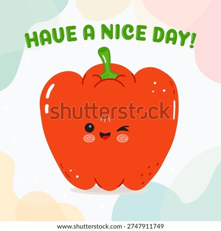 Cute red bell pepper cartoon character winking and smiling, delivering a cheerful greeting of Have a nice day on a soft, abstract pastel background, symbolizing happiness and positive well being