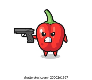 die süße rote Glocke-Pfefferfigur mit einer Pistole, süßes Design für T-Shirt, Aufkleber, Logo-Element