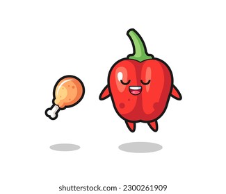 cute red bell pepper floating and tempted because of fried chicken , cute style design for t shirt, sticker, logo element