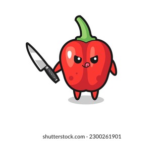 cute red bell pepper mascot as a psychopath holding a knife , cute style design for t shirt, sticker, logo element