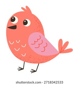 Lindo personaje de pájaro rojo. Sonriente pájaro cantor de dibujos animados con alas rosadas. Ilustración vectorial de niños.