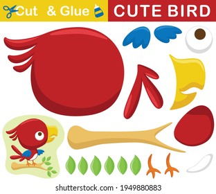 Cute red bird perch on tree branches. Education paper game for children. Cutout and gluing. Vector cartoon illustration