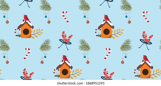 Cute red birds and Christmas elements. Vector seamless pattern. For paper, packaging, textile.