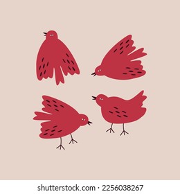 Cute red birds hand drawn vector illustration in flat style. Isolated set of colorful funny swallows for kids poster, logo or icon.