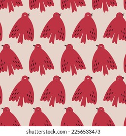 Cute red birds hand drawn vector illustration. Funny swallows in flat style seamless pattern for kids fabric or wallpaper.