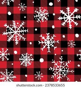 Cute red and black buffalo plaid Lumberjack snowflake seamless pattern, Christmas vector background