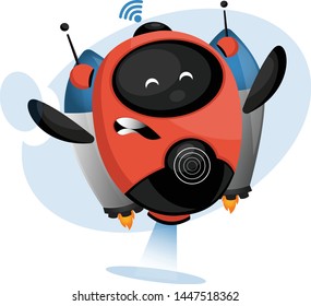 Cute Red And Black Chat Bot, Robot Virtual Assistance With Rocket. Element Of Website Or Mobile Applications, Artificial Intelligence. Vector Illustration Isolated On White Background