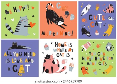 Cute red black and grey cats with text set. Cartoon cats characters design collection with flat color in different poses. Set of funny pet animals on color background.