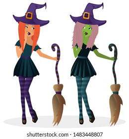 Cute red and blond hair witch with broomstick. Witch purple hat and clothes. Cartoon character design. Halloween illustration. Vector illustration on white background 
