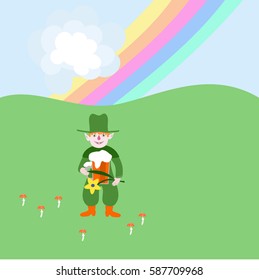 Cute red blonde leprechaun with beer and flower under rainbow